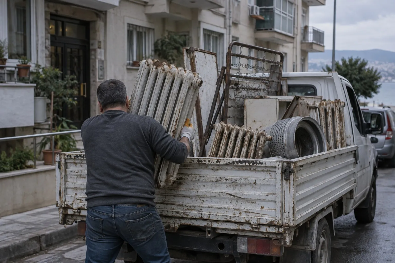 Apartman önünde, evden alınan eski döküm kalorifer peteklerini beyaz kamyonete yükleyen işçi